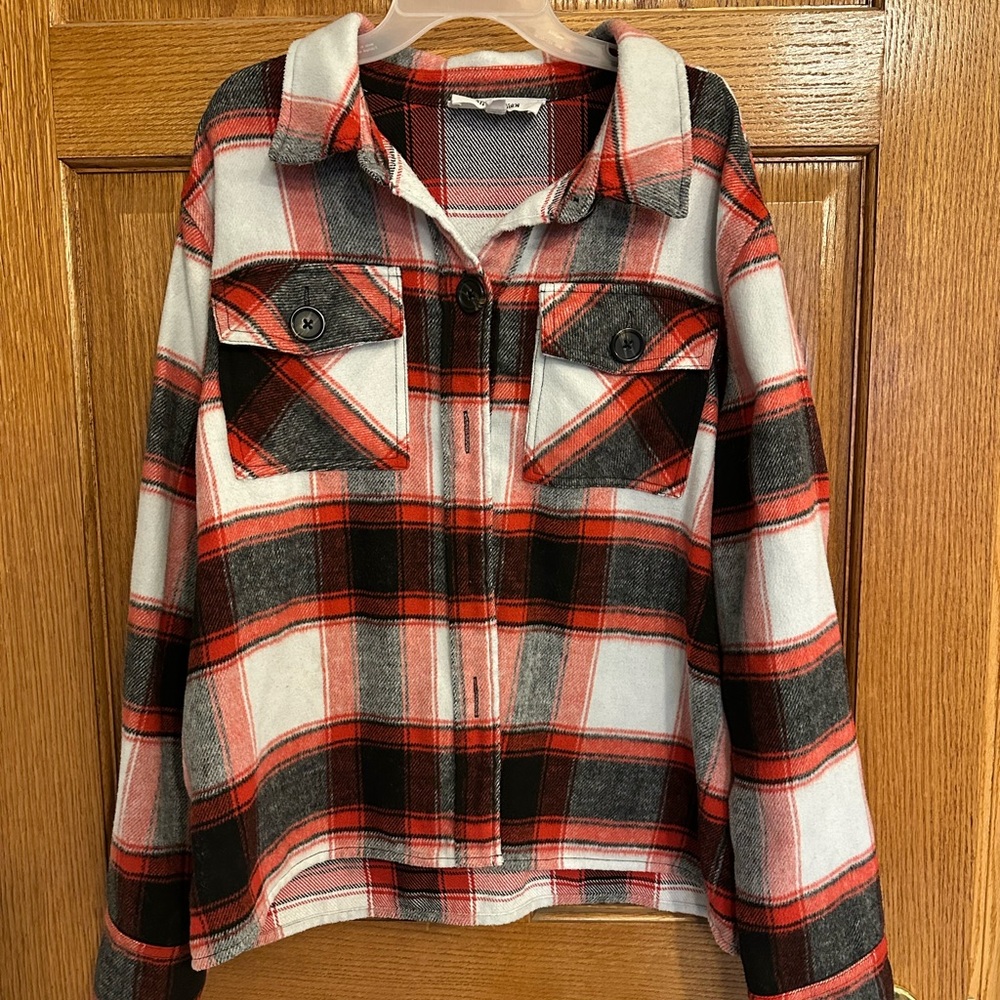 BB Dakota Red, Black & White Plaid Shacket